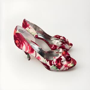Michaelangelo Floral Bow Peep Toe Heels Women’s 8.5 Pink Red Green Satin Pumps